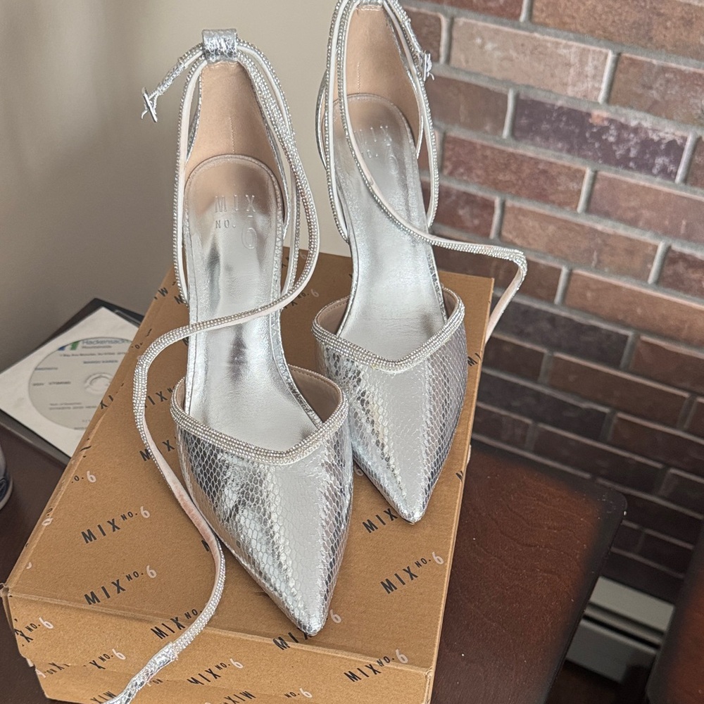 Mix No. 6 Silver Textured Pointed-Toe Ankle-Tie Pumps